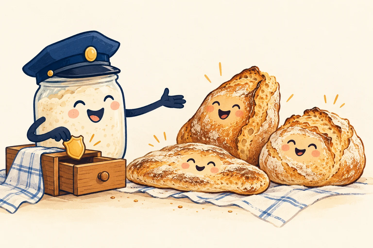 Illustration of a smiling starter jar putting away a badge beside three cheerful loaves